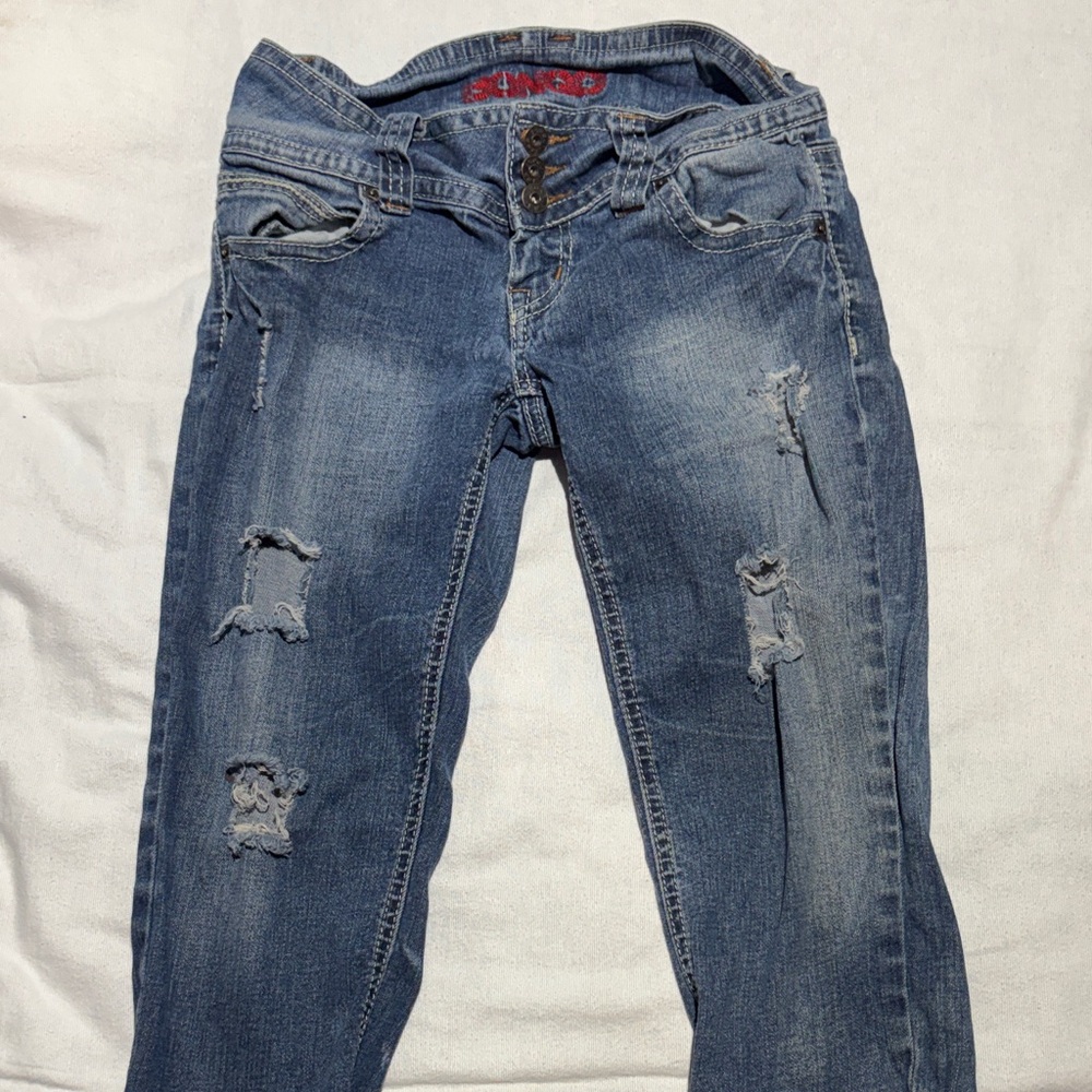 Distressed Blue Jean Capri with Ripped Details